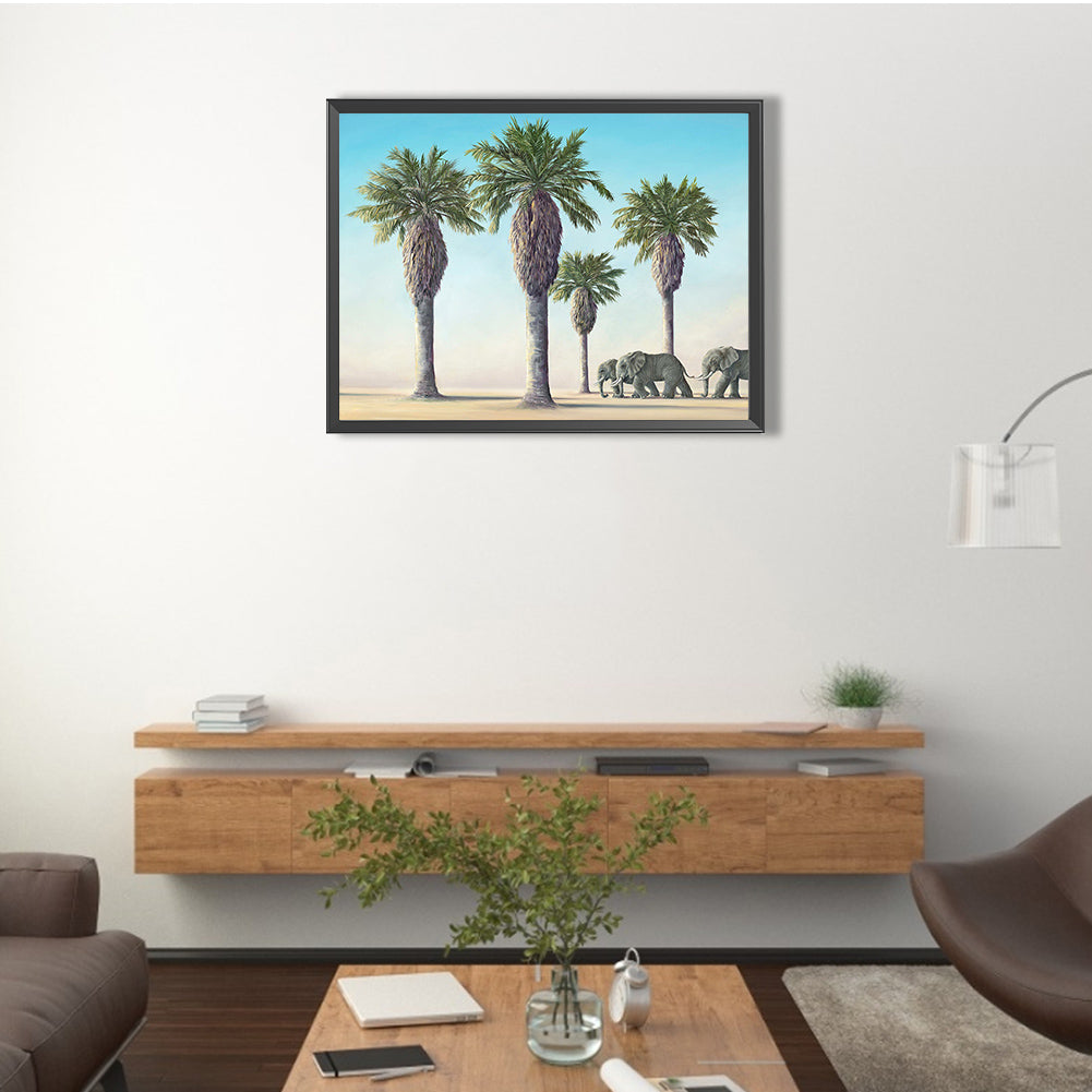 Palm Tree And Elephant - Full Round Drill Diamond Painting 35*30CM