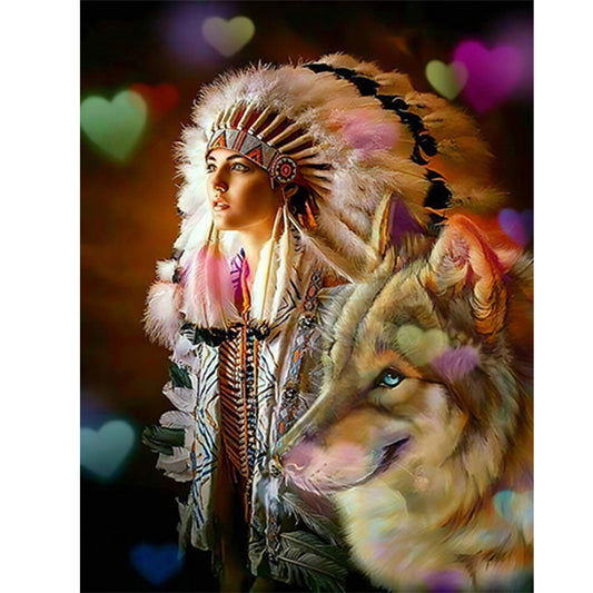 Indian And Wolf - Full Round Drill Diamond Painting 50*60CM
