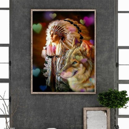 Indian And Wolf - Full Round Drill Diamond Painting 50*60CM