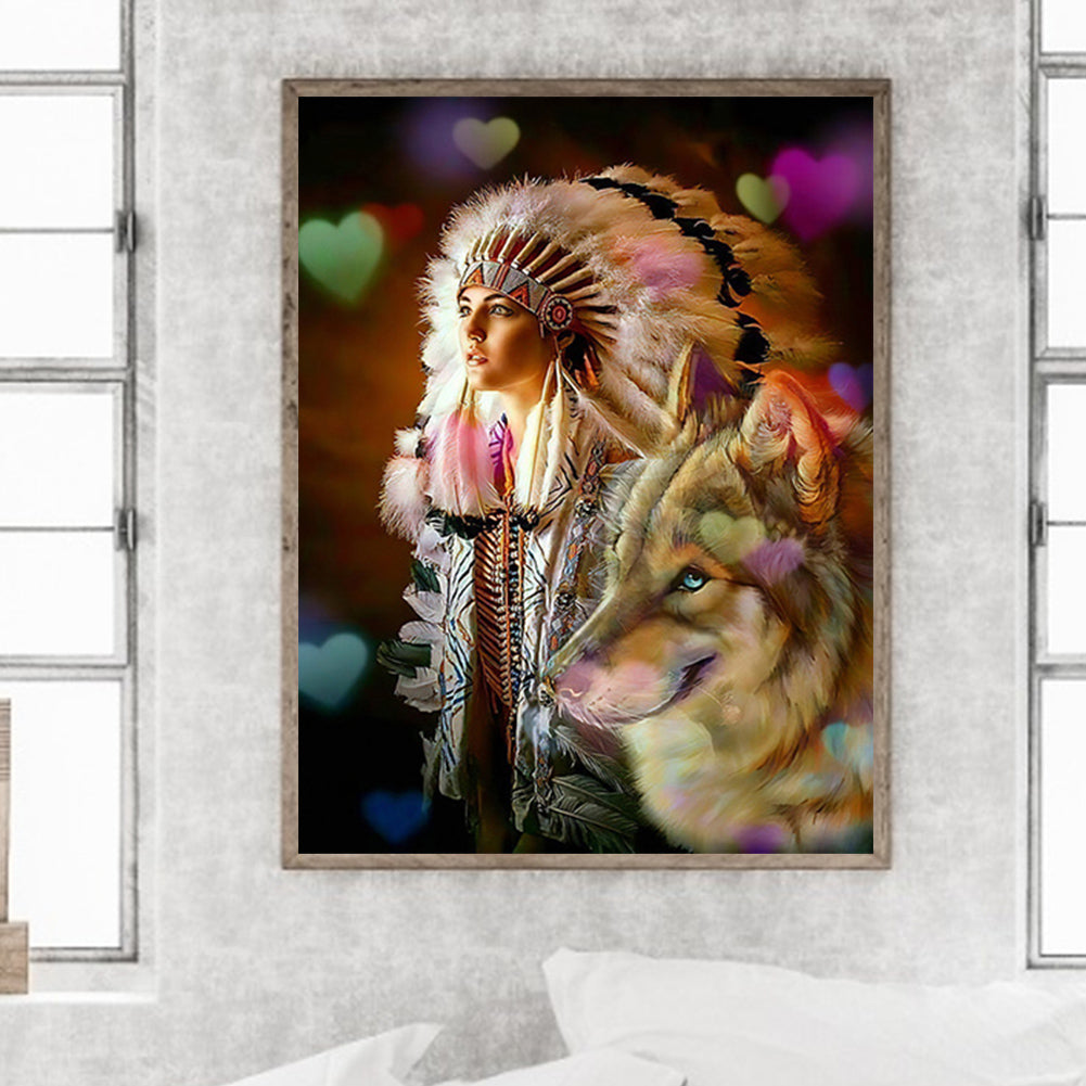 Indian And Wolf - Full Round Drill Diamond Painting 50*60CM