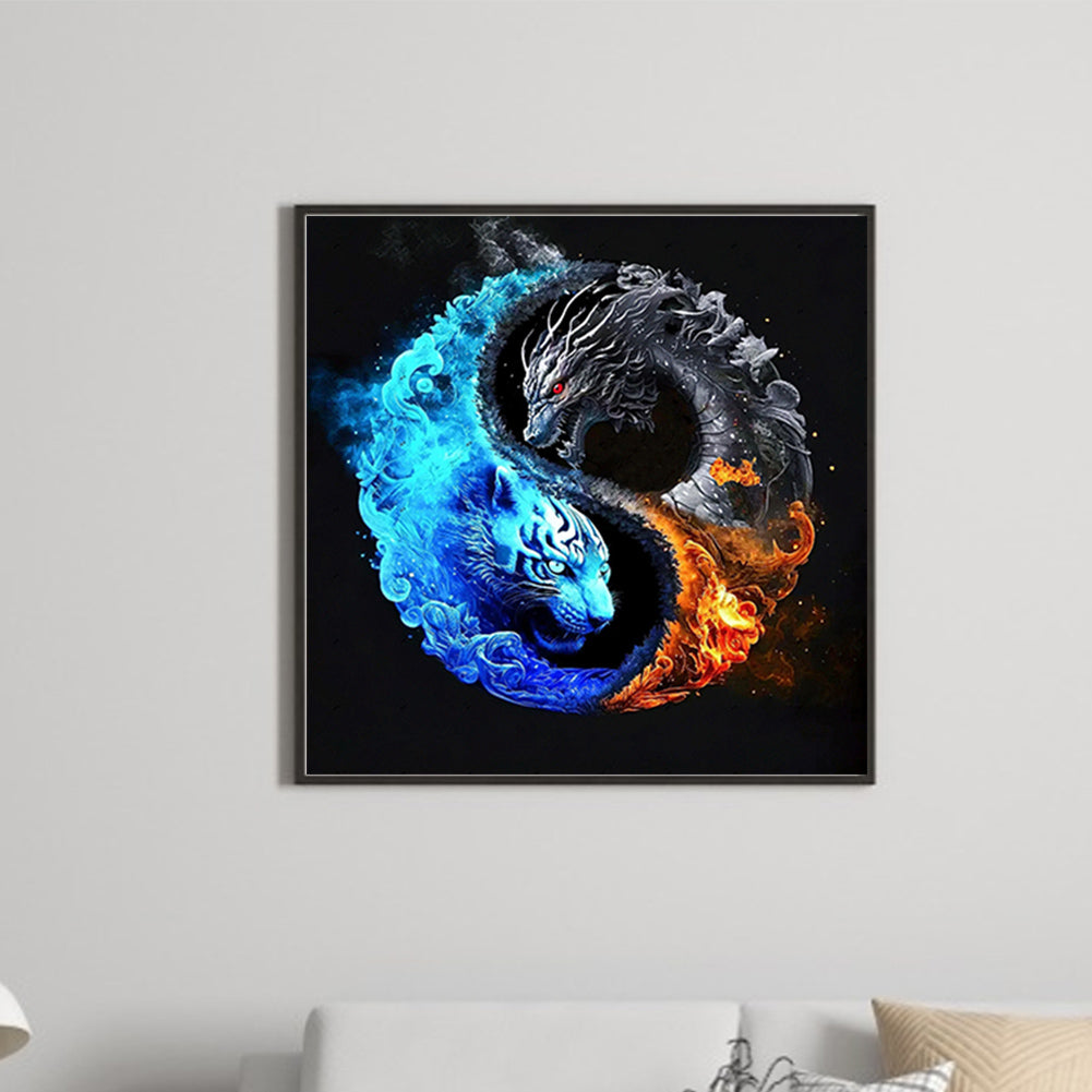 Tiger And Dragon Yin Yang Illustration - Full Round Drill Diamond Painting 30*30CM