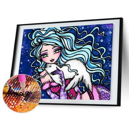 Girl With Blue Curly Hair-O640*30cm(canvas) full-round drill diamond painting