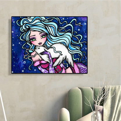 Girl With Blue Curly Hair-O640*30cm(canvas) full-round drill diamond painting