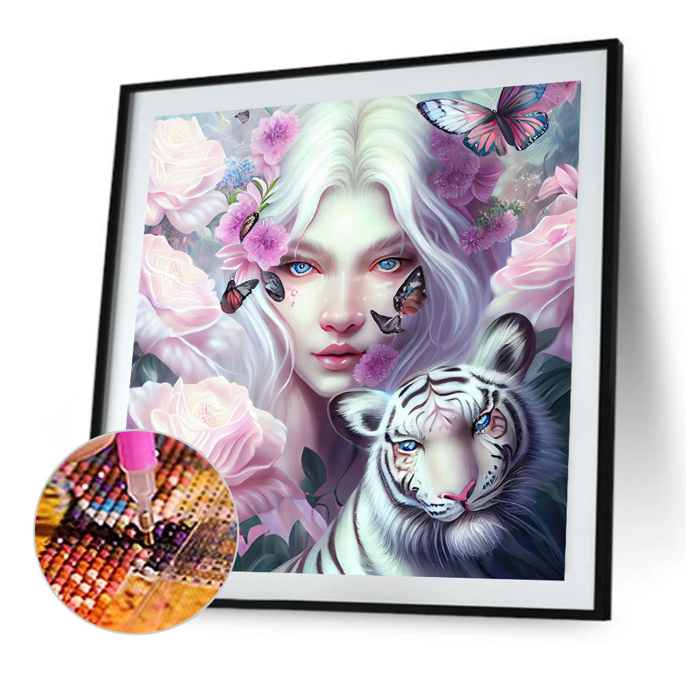 Tiger And Butterfly Girl 40*40Ccm(canvas) full round drill diamond painting