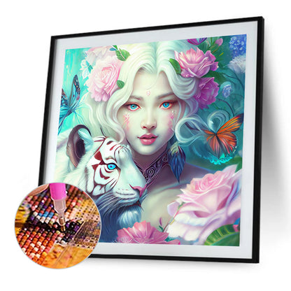 Tiger And Butterfly Girl 40*40Ccm(canvas) full round drill diamond painting