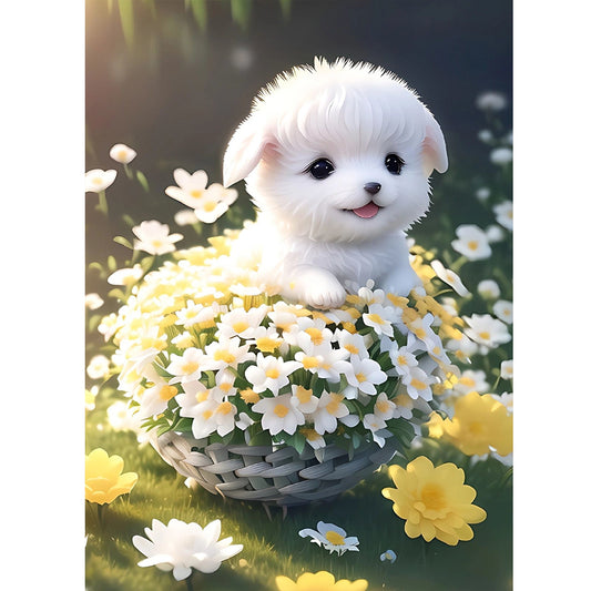 Puppy In Flower Basket 30*40Ccm(canvas) full round drill diamond painting
