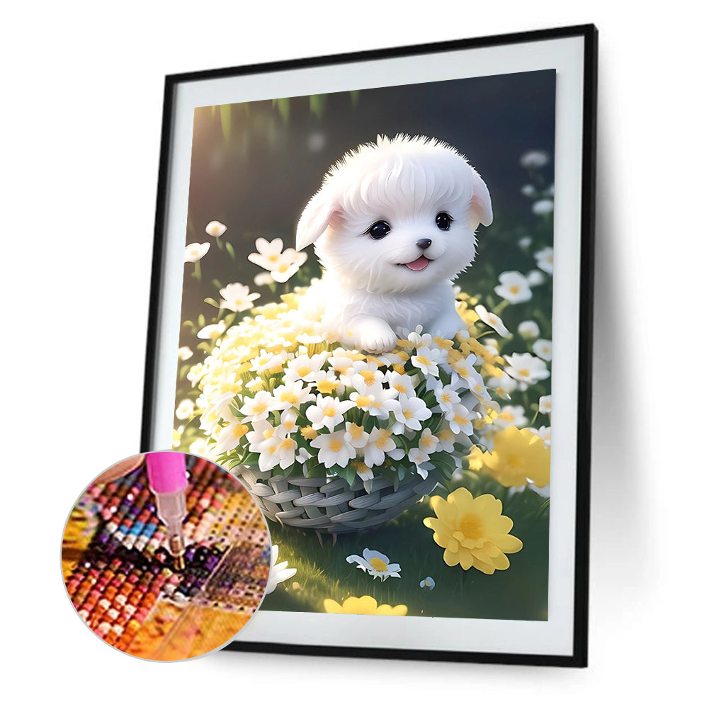 Puppy In Flower Basket 30*40Ccm(canvas) full round drill diamond painting