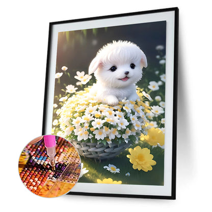 Puppy In Flower Basket 30*40Ccm(canvas) full round drill diamond painting