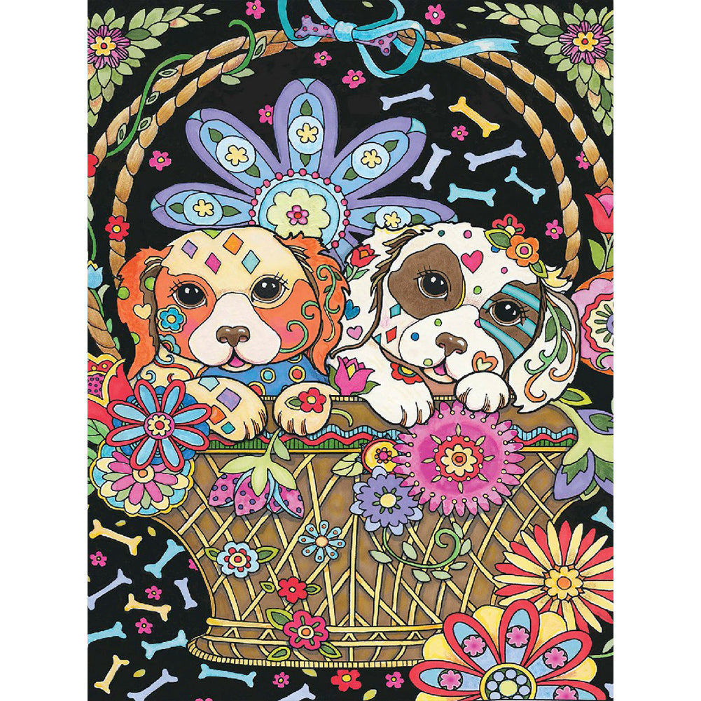 Dog In Flower Basket - Full Round Drill Diamond Painting 30*40CM