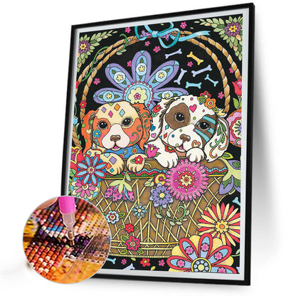 Dog In Flower Basket - Full Round Drill Diamond Painting 30*40CM