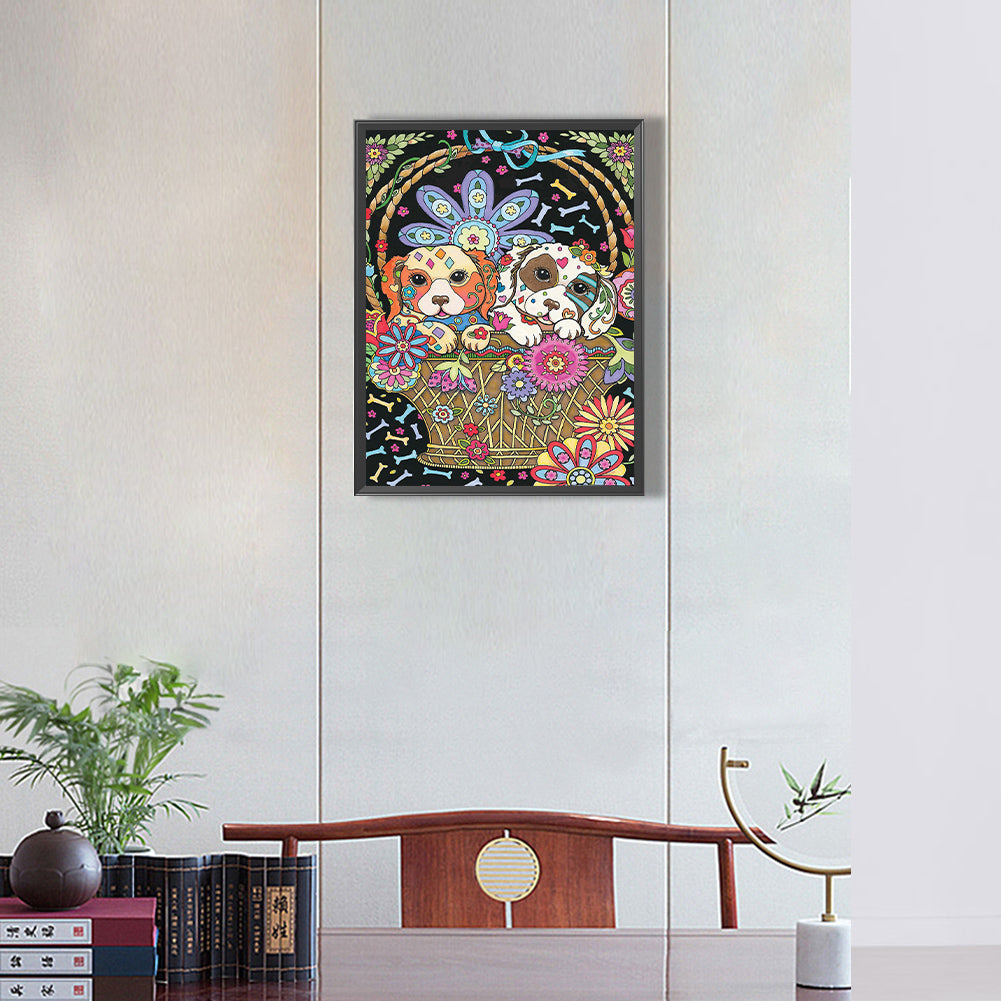 Dog In Flower Basket - Full Round Drill Diamond Painting 30*40CM
