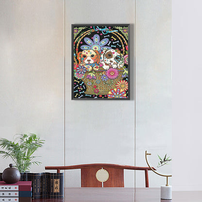 Dog In Flower Basket - Full Round Drill Diamond Painting 30*40CM