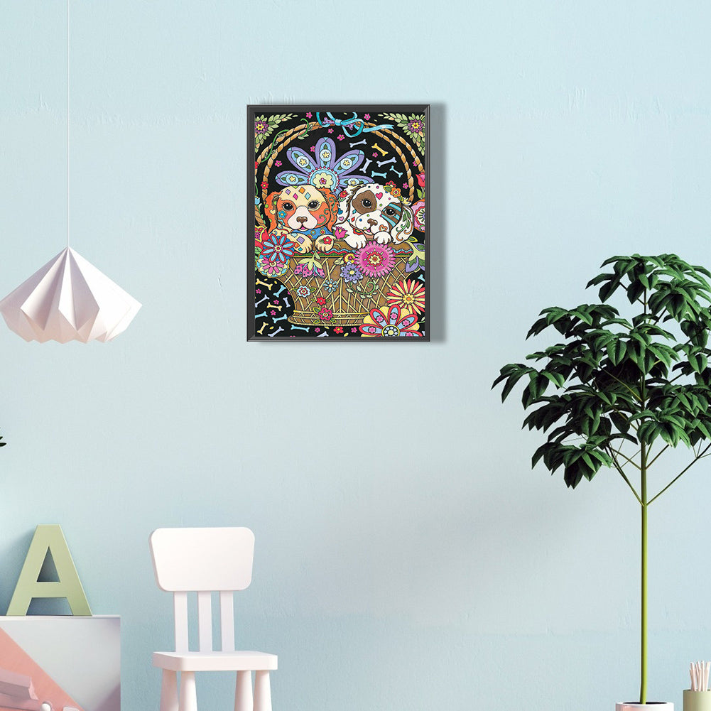 Dog In Flower Basket - Full Round Drill Diamond Painting 30*40CM