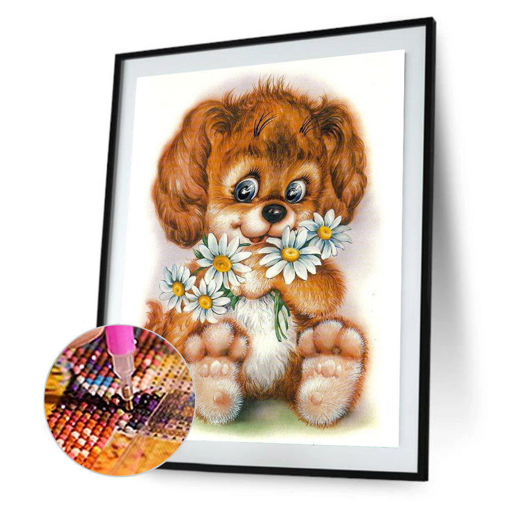 Happy Dog With Flowers 30*40Ccm(canvas) full round drill diamond painting