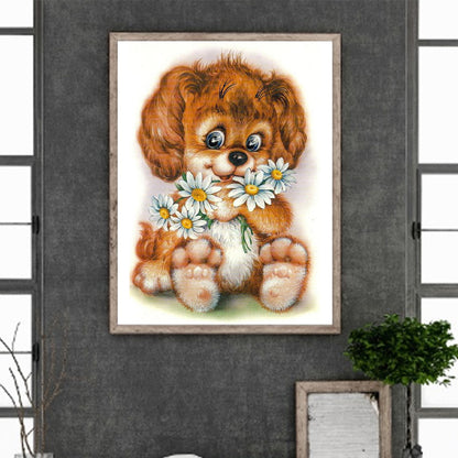 Happy Dog With Flowers 30*40Ccm(canvas) full round drill diamond painting