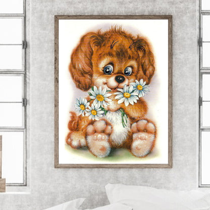 Happy Dog With Flowers 30*40Ccm(canvas) full round drill diamond painting