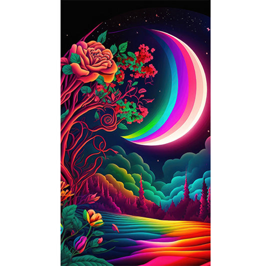 Colorful Moon And Red Rose 40*70Ccm(canvas) full round drill diamond painting