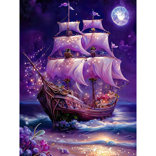 Stranded Romantic Sailboat With Fluorescent Lights 30*40Ccm(canvas) full round drill diamond painting