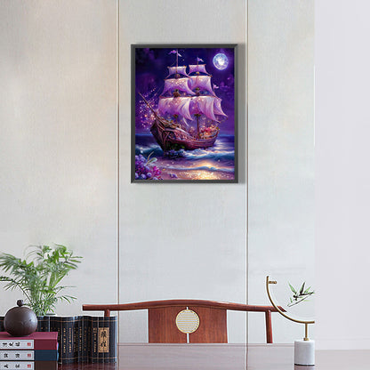 Stranded Romantic Sailboat With Fluorescent Lights 30*40Ccm(canvas) full round drill diamond painting