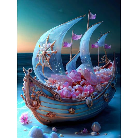 Sailing Boat Full Of Flowers 30*40Ccm(canvas) full round drill diamond painting