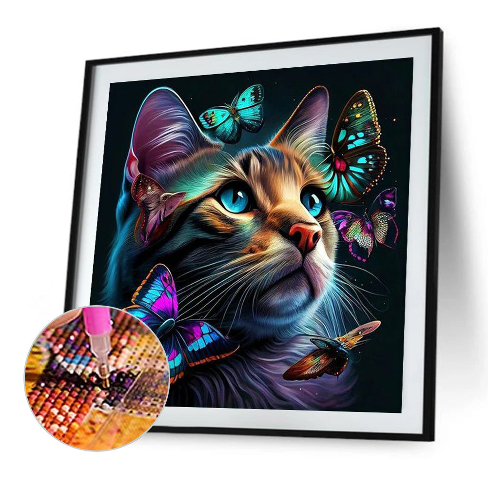 Cat Butterfly - Full Round Drill Diamond Painting 30*30CM