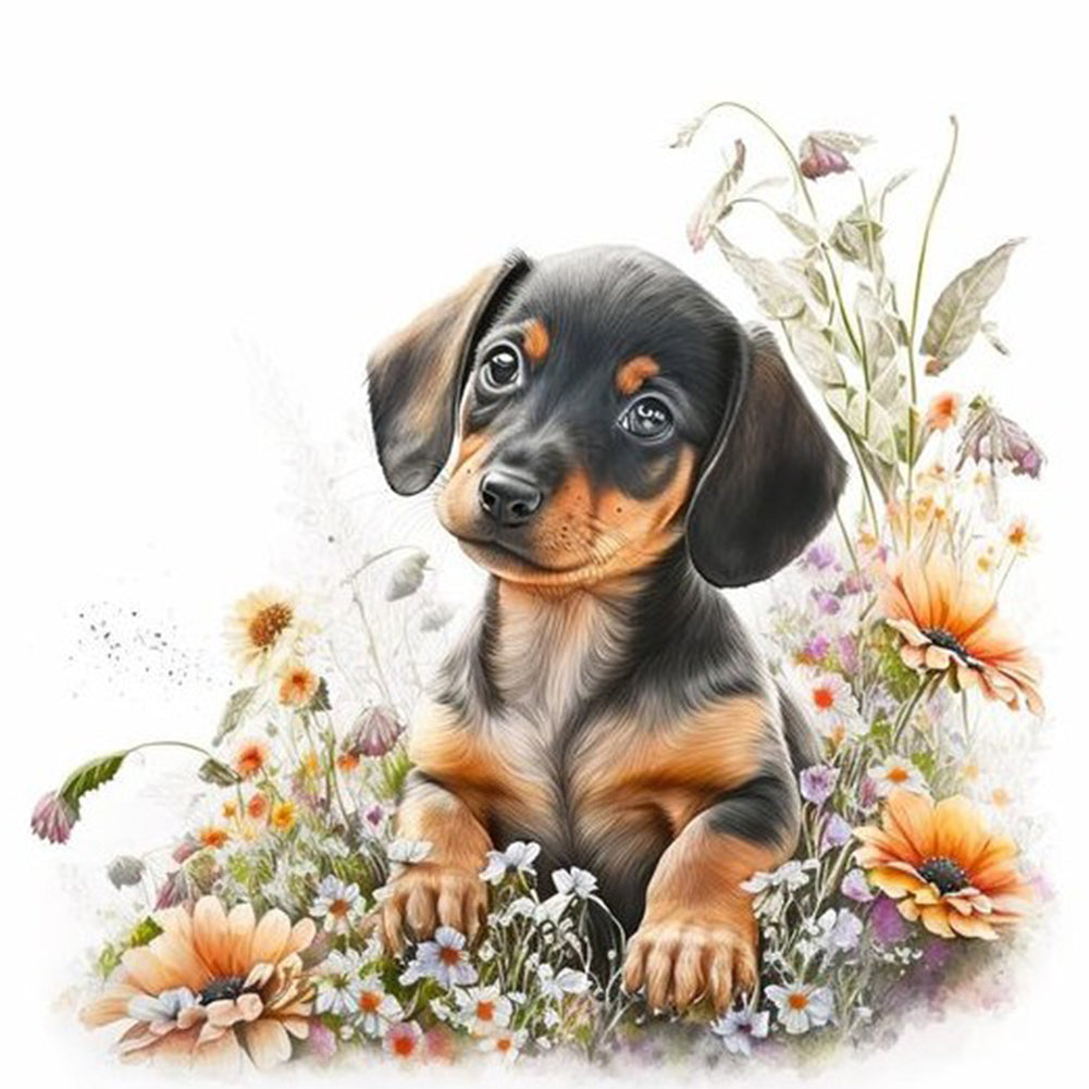 Puppy Looking At Flowers - Full Round Drill Diamond Painting 30*30CM