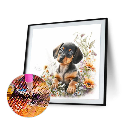 Puppy Looking At Flowers - Full Round Drill Diamond Painting 30*30CM