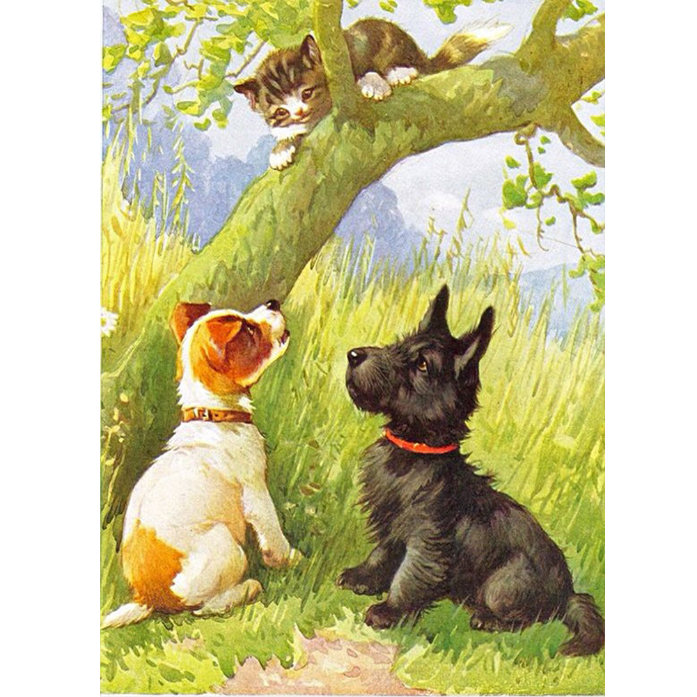 Kitten Teaching Dogs To Climb Trees - Full Round Drill Diamond Painting 30*40CM