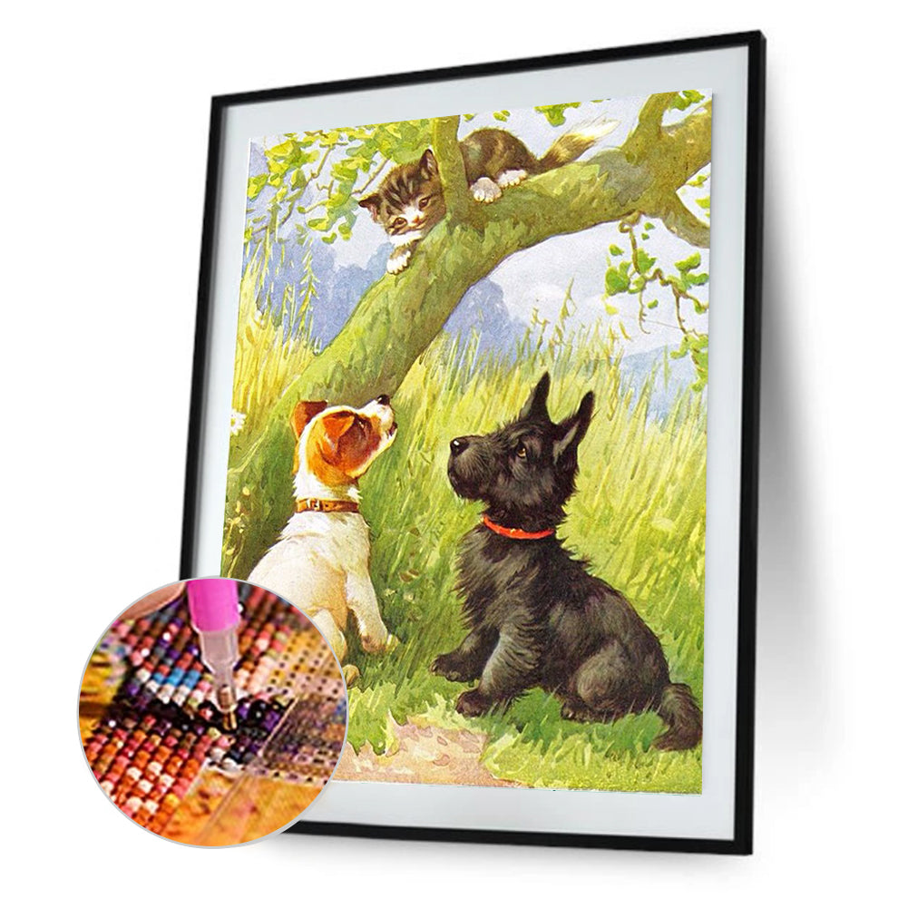 Kitten Teaching Dogs To Climb Trees - Full Round Drill Diamond Painting 30*40CM