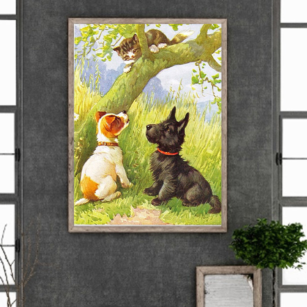 Kitten Teaching Dogs To Climb Trees - Full Round Drill Diamond Painting 30*40CM