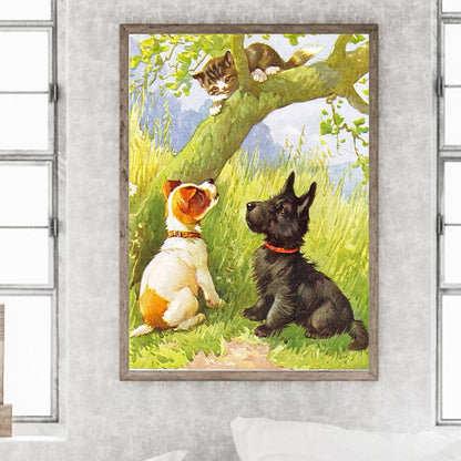 Kitten Teaching Dogs To Climb Trees - Full Round Drill Diamond Painting 30*40CM