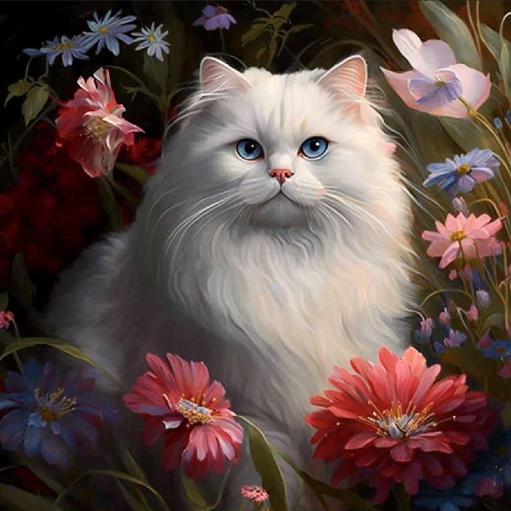 Cat In The Flowers - Full Round Drill Diamond Painting 40*40CM