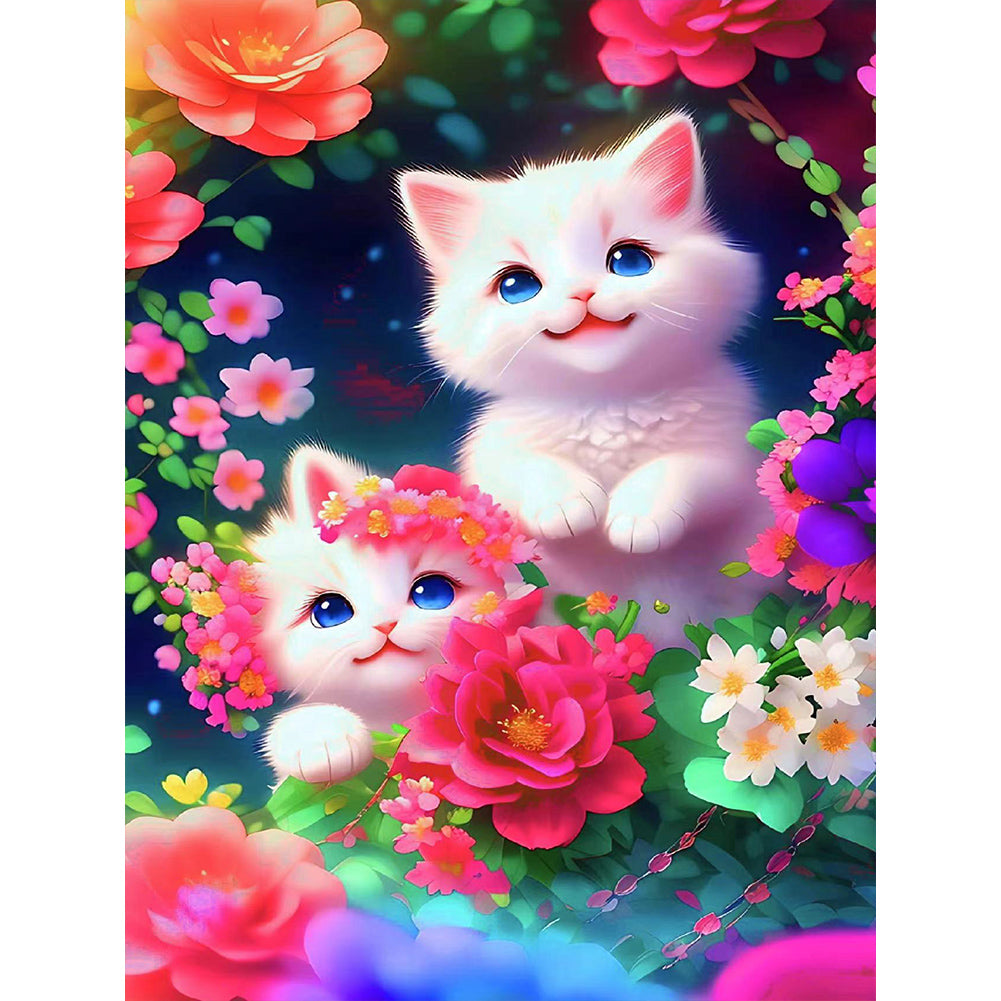 Cat In The Flowers - Full Round Drill Diamond Painting 30*40CM