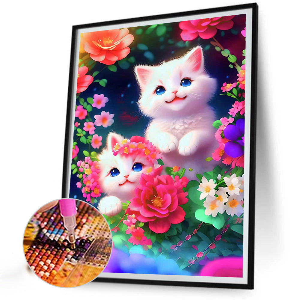 Cat In The Flowers - Full Round Drill Diamond Painting 30*40CM