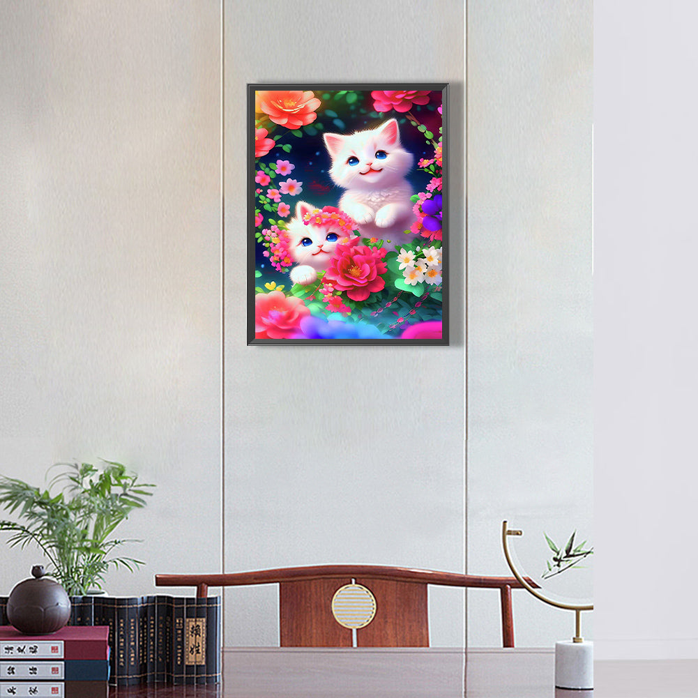 Cat In The Flowers - Full Round Drill Diamond Painting 30*40CM