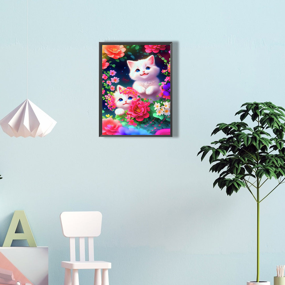 Cat In The Flowers - Full Round Drill Diamond Painting 30*40CM