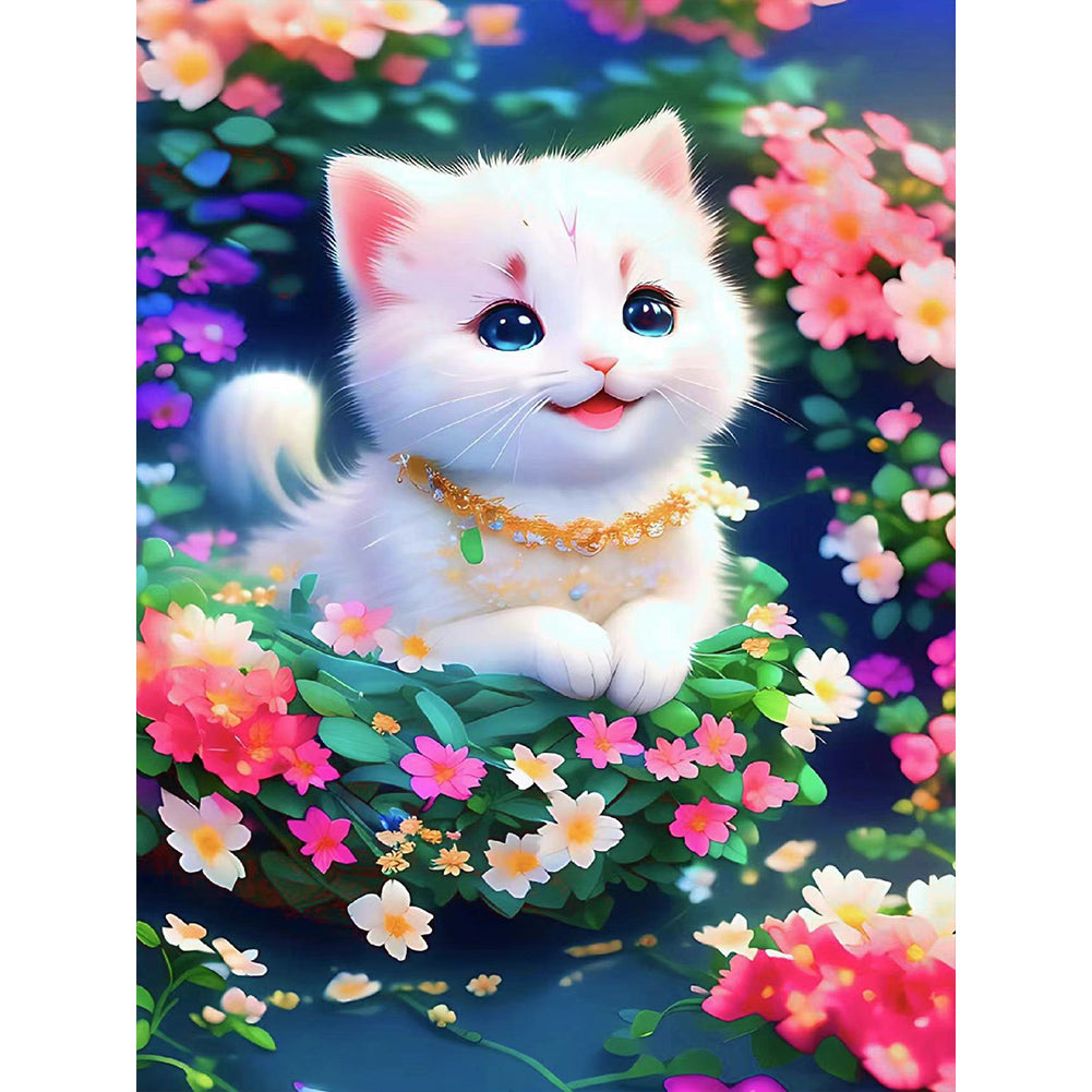 Cat In The Flowers - Full Round Drill Diamond Painting 30*40CM