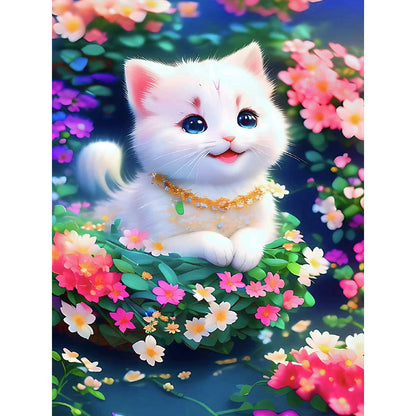 Cat In The Flowers - Full Round Drill Diamond Painting 30*40CM