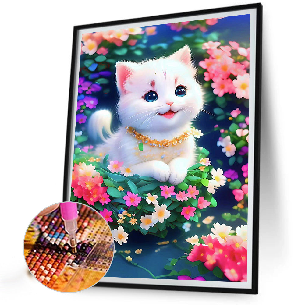 Cat In The Flowers - Full Round Drill Diamond Painting 30*40CM