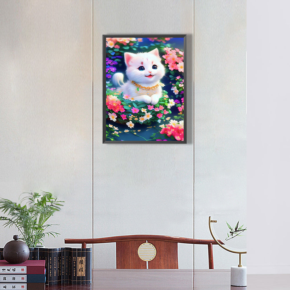 Cat In The Flowers - Full Round Drill Diamond Painting 30*40CM