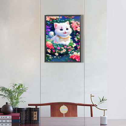 Cat In The Flowers - Full Round Drill Diamond Painting 30*40CM