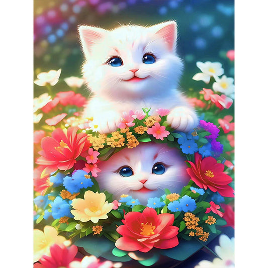 Cat In The Flowers - Full Round Drill Diamond Painting 30*40CM