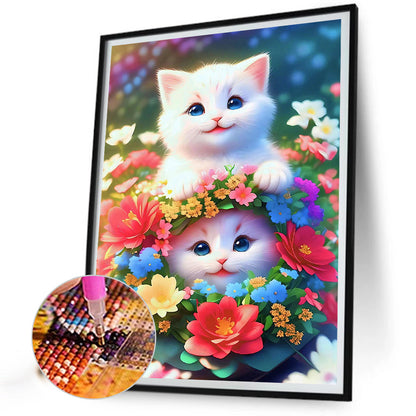 Cat In The Flowers - Full Round Drill Diamond Painting 30*40CM