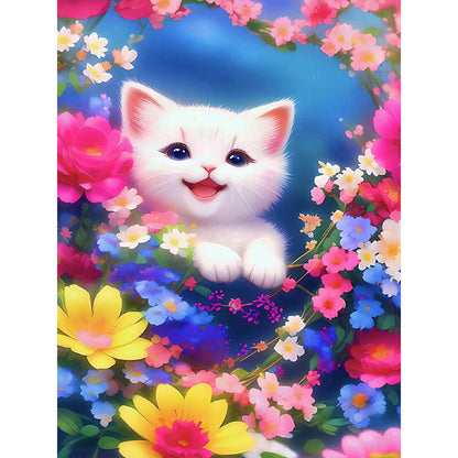 Cat In The Flowers - Full Round Drill Diamond Painting 30*40CM