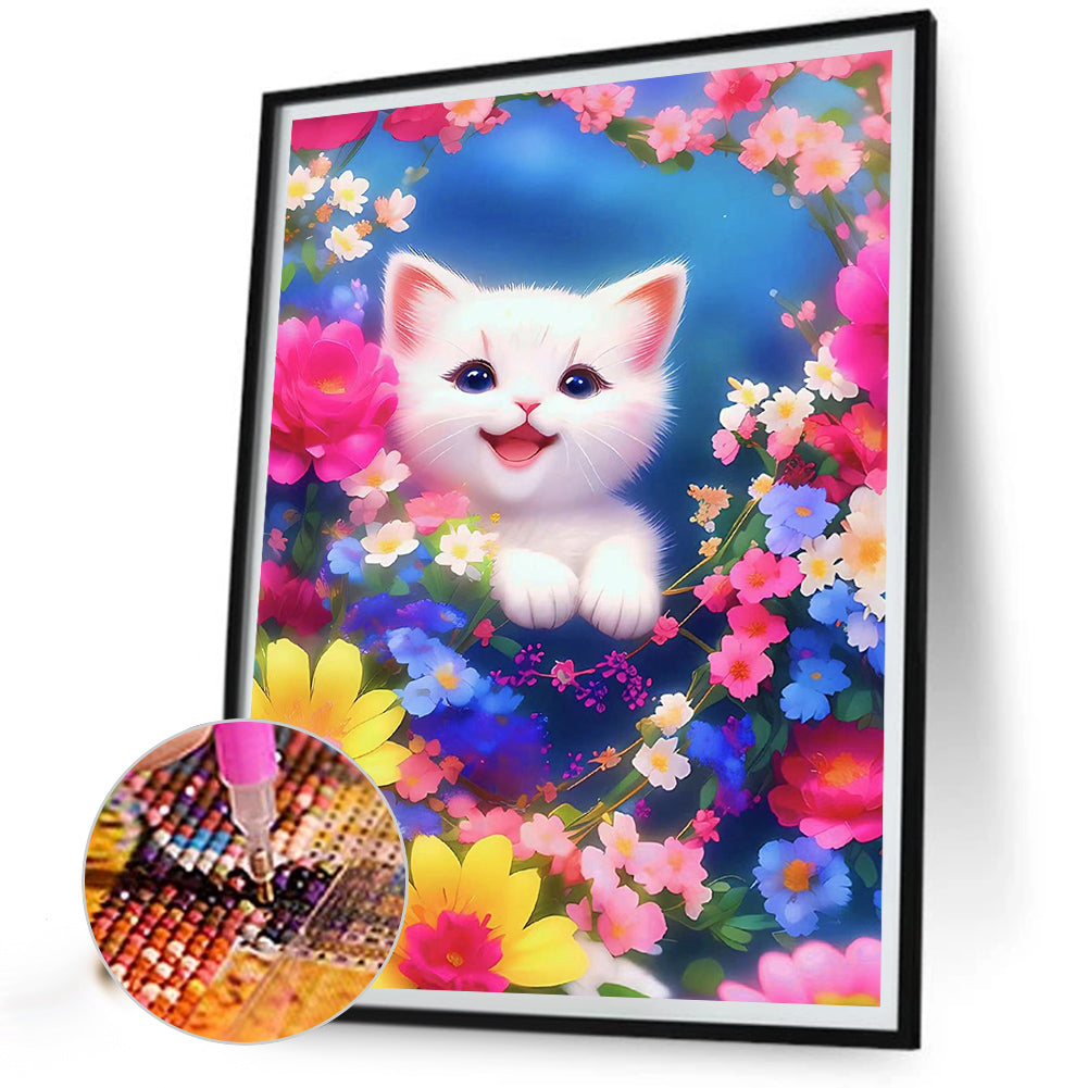 Cat In The Flowers - Full Round Drill Diamond Painting 30*40CM