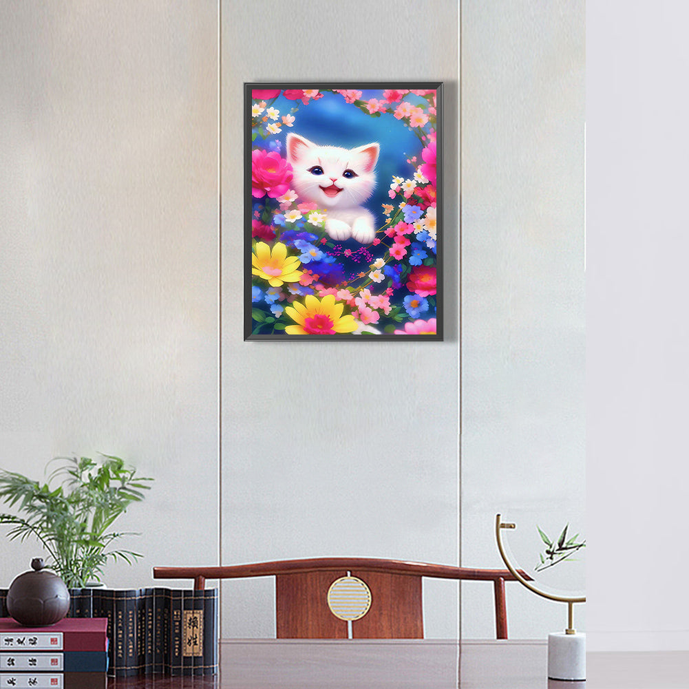 Cat In The Flowers - Full Round Drill Diamond Painting 30*40CM