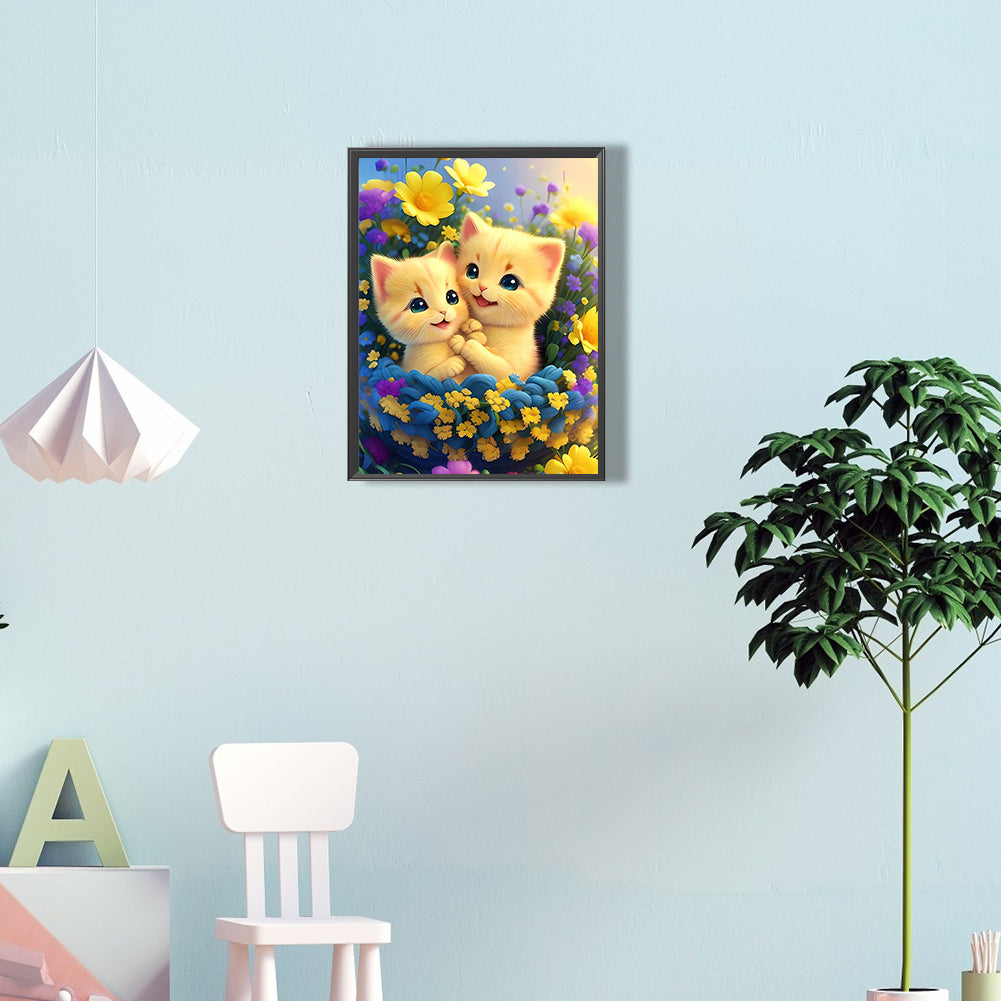 Cat In The Flowers - Full Round Drill Diamond Painting 30*40CM