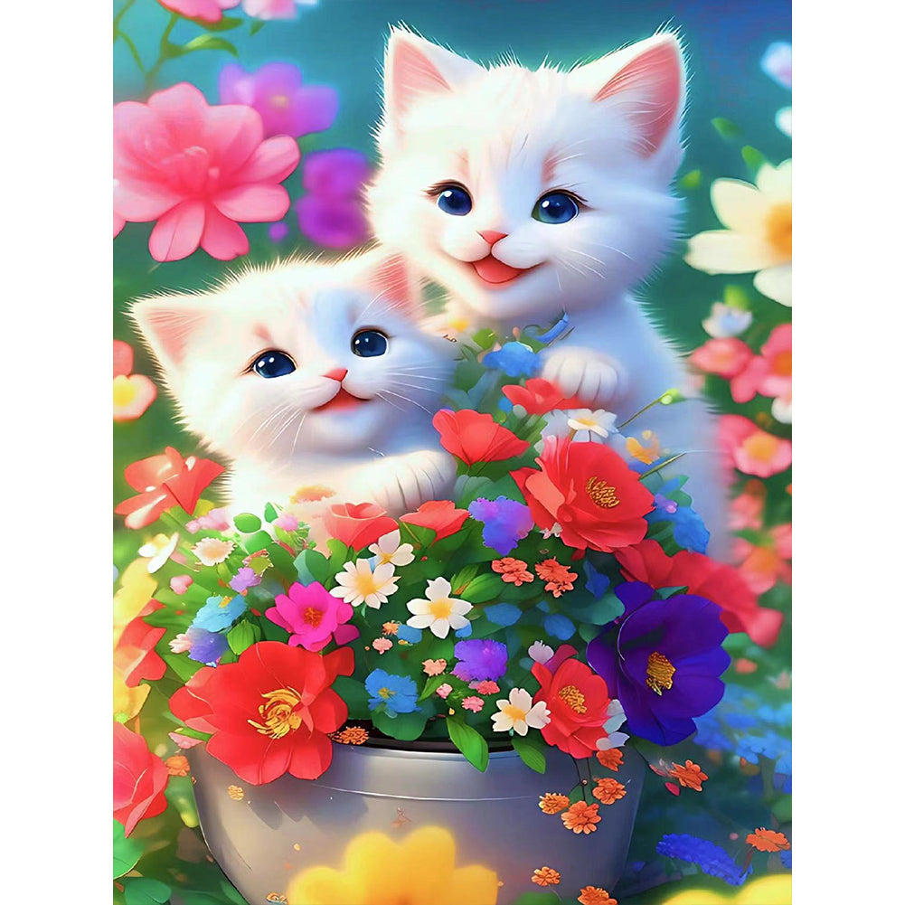 Cat In The Flowers - Full Round Drill Diamond Painting 30*40CM