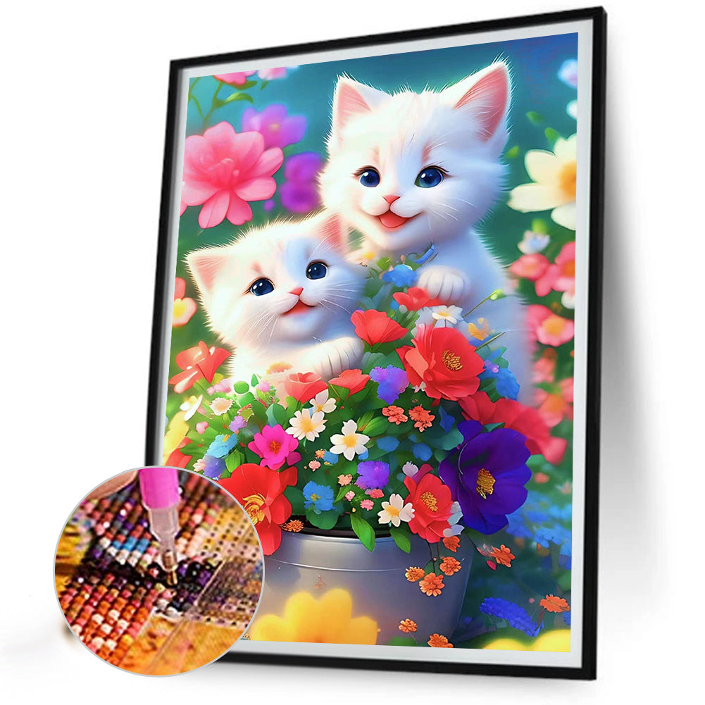 Cat In The Flowers - Full Round Drill Diamond Painting 30*40CM