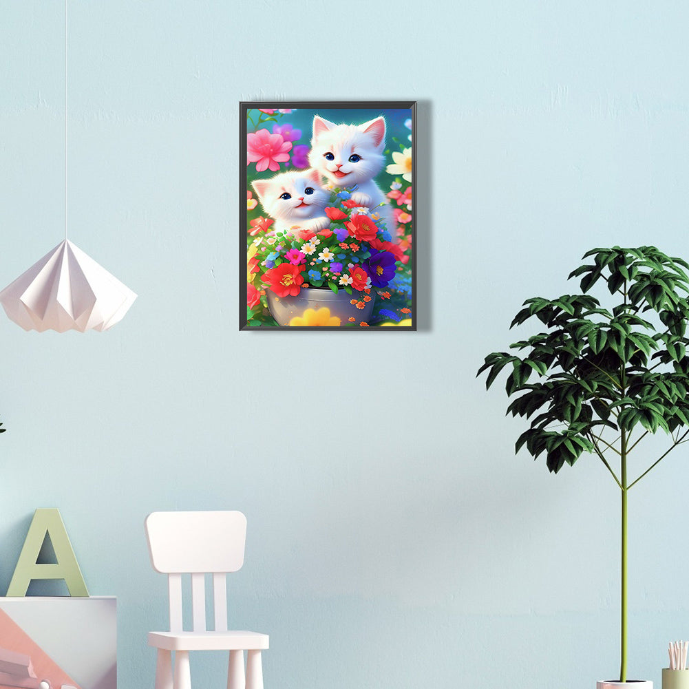 Cat In The Flowers - Full Round Drill Diamond Painting 30*40CM